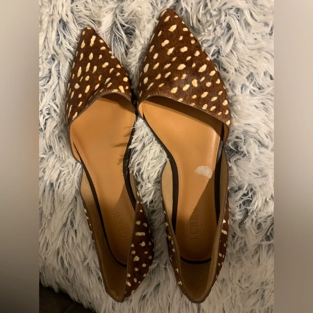 J. Crew Brown & White Polka Dot Dyed Calf Fur Flats Women’s Size 7. - Picture 3 of 7